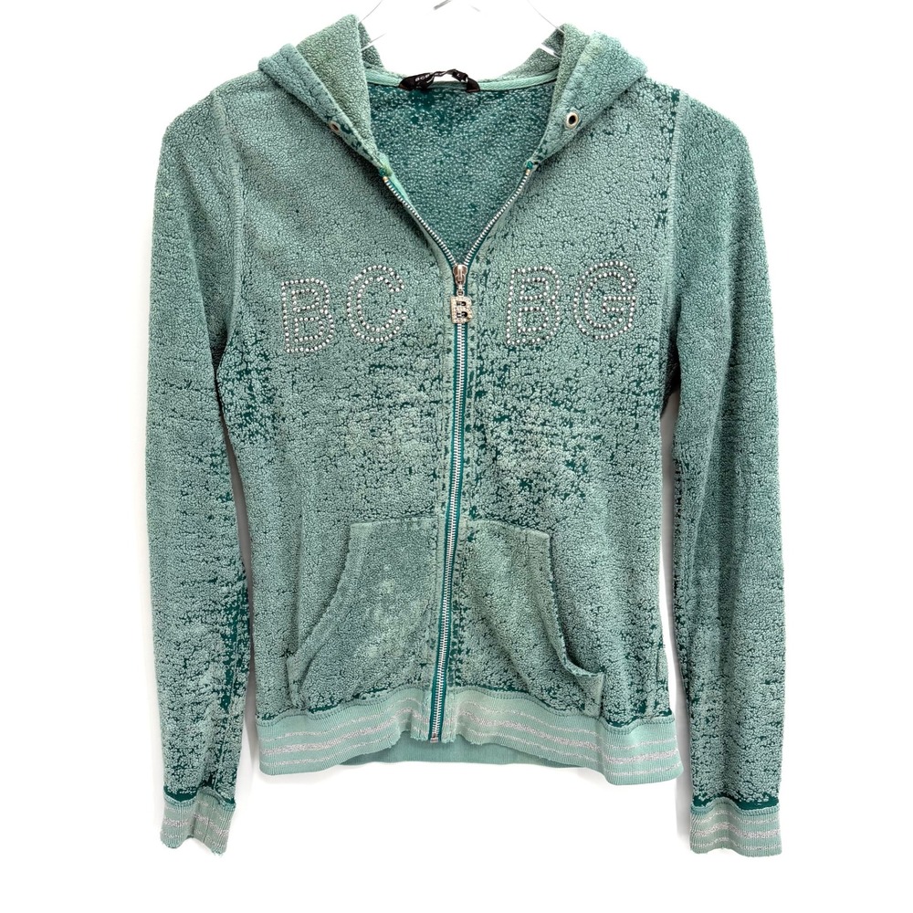 Y2K BCBG MaxAzria Teal Rhinestone Sweatshirt S/M Burnout Terry Zip Up Hoodie